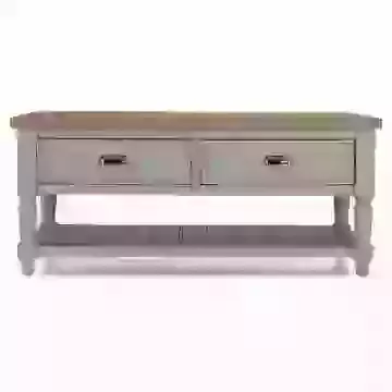 Grey Painted Coffee Table with Parquet Top 2 Drawers & Open Storage Shelf